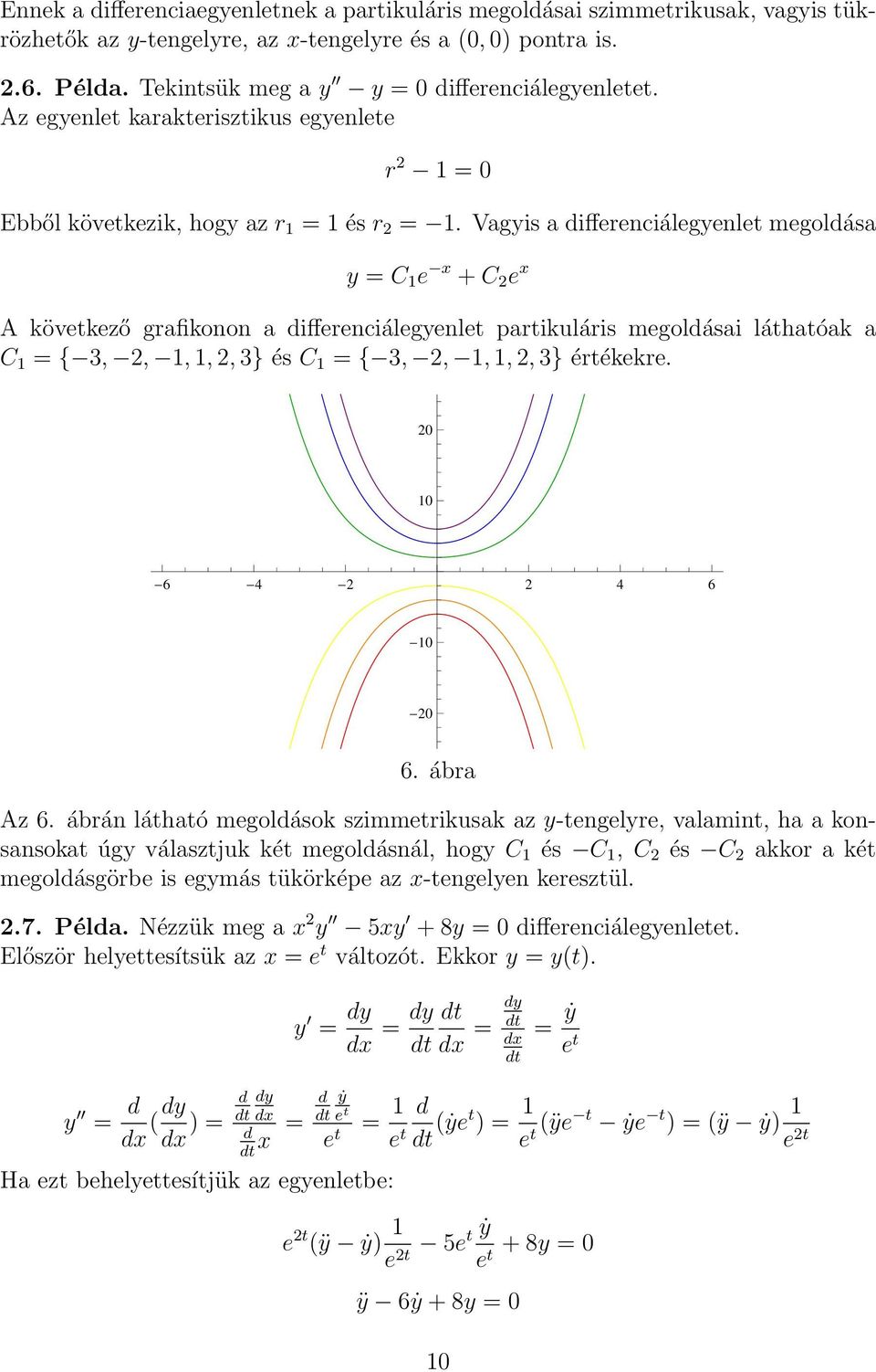 Vagyis a differenciálegyenlet megoldása y = C 1 e x + C e x A következő grafikonon a differenciálegyenlet partikuláris megoldásai láthatóak a C 1 = { 3,, 1, 1,, 3} és C 1 = { 3,, 1, 1,, 3} értékekre.