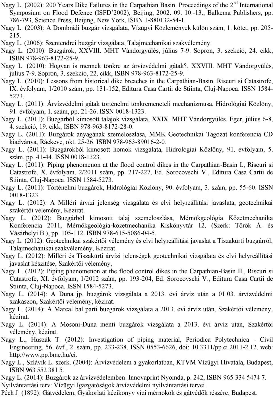 Nagy L. (2010): Buzgárok, XXVIII. MHT Vándorgyűlés, július 7-9. Sopron, 3. szekció, 24. cikk, ISBN 978-963-8172-25-9. Nagy L. (2010): Hogyan is mennek tönkre az árvízvédelmi gátak?, XXVIII. MHT Vándorgyűlés, július 7-9. Sopron, 3. szekció, 22.