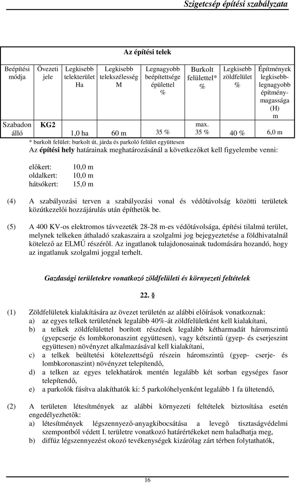 35 40 6,0 m 1,0 ha 60 m 35 * burkolt felület: burkolt út, járda és parkoló felület együttesen Az építési hely határainak meghatározásánál a következőket kell figyelembe venni: előkert: oldalkert: