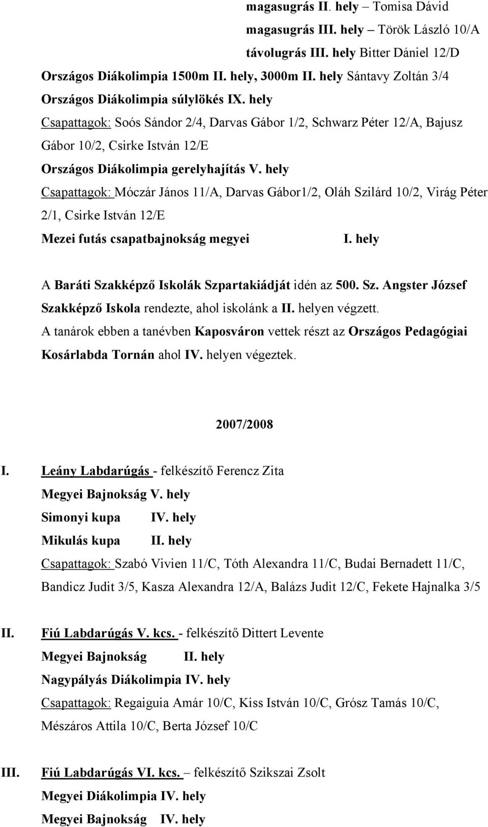 hely Csapattagok: Soós Sándor 2/4, Darvas Gábor 1/2, Schwarz Péter 12/A, Bajusz Gábor 10/2, Csirke István 12/E Országos Diákolimpia gerelyhajítás V.