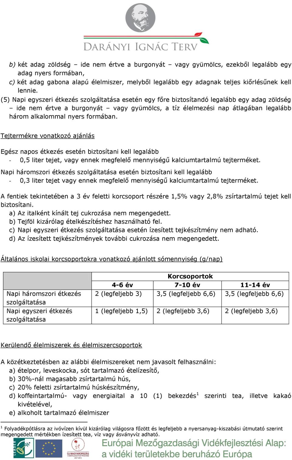 formában. Tejtermékre vonatkozó ajánlás Egész napos étkezés esetén biztosítani kell legalább - 0,5 liter et, vagy ennek megfelelő mennyiségű kalciumtartalmú terméket.