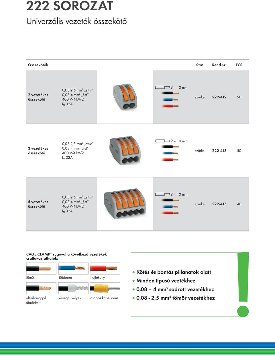 ECS 2 vezetékes 0,08-2,5 mm 2 s+st 0,08-4 mm 2 f-st 400 V/4 kv/2 I N 32A l 9 10 mm szürke 222-412 50 3 vezetékes 0,08-2,5 mm 2 s+st 0,08-4 mm 2 f-st 400