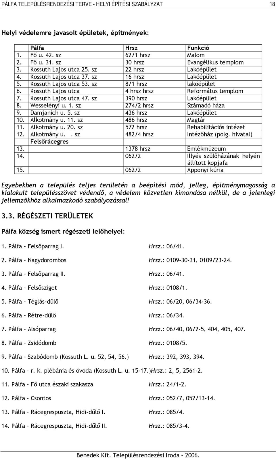 Wesselényi u. 1. sz 274/2 hrsz Számadó háza 9. Damjanich u. 5. sz 436 hrsz Lakóépület 10. Alkotmány u. 11. sz 486 hrsz Magtár 11. Alkotmány u. 20. sz 572 hrsz Rehabilitációs intézet 12. Alkotmány u.. sz 482/4 hrsz Intézőház (polg.