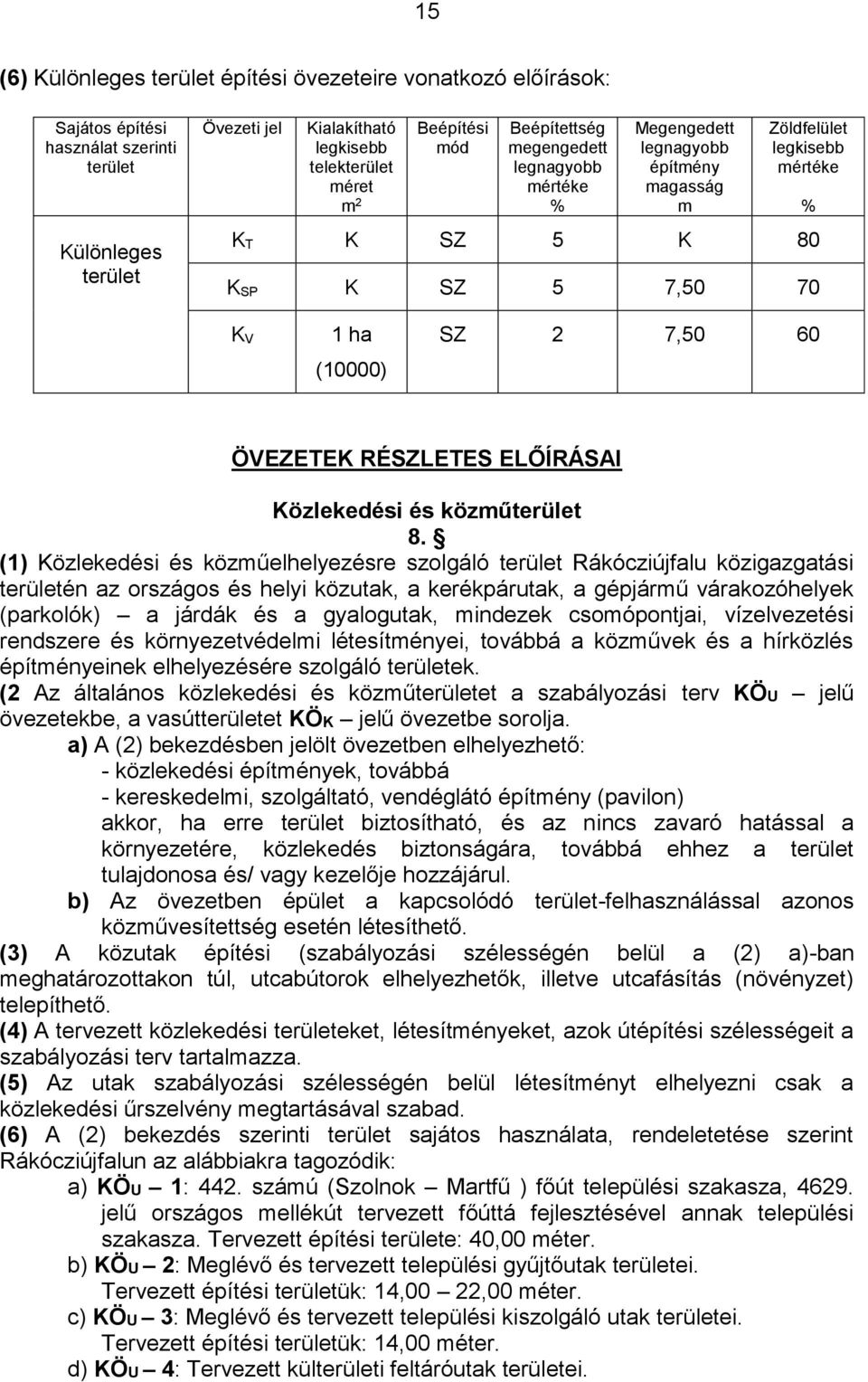 RÉSZLETES ELŐÍRÁSAI Közlekedési és közműterület 8.