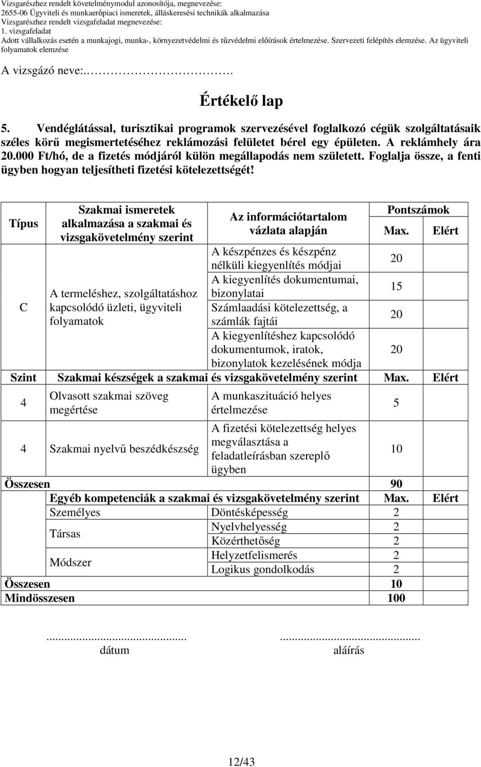 Típus Szakmai ismeretek alkalmazása a szakmai és vizsgakövetelmény szerint Az információtartalom vázlata alapján Pontszámok Max.