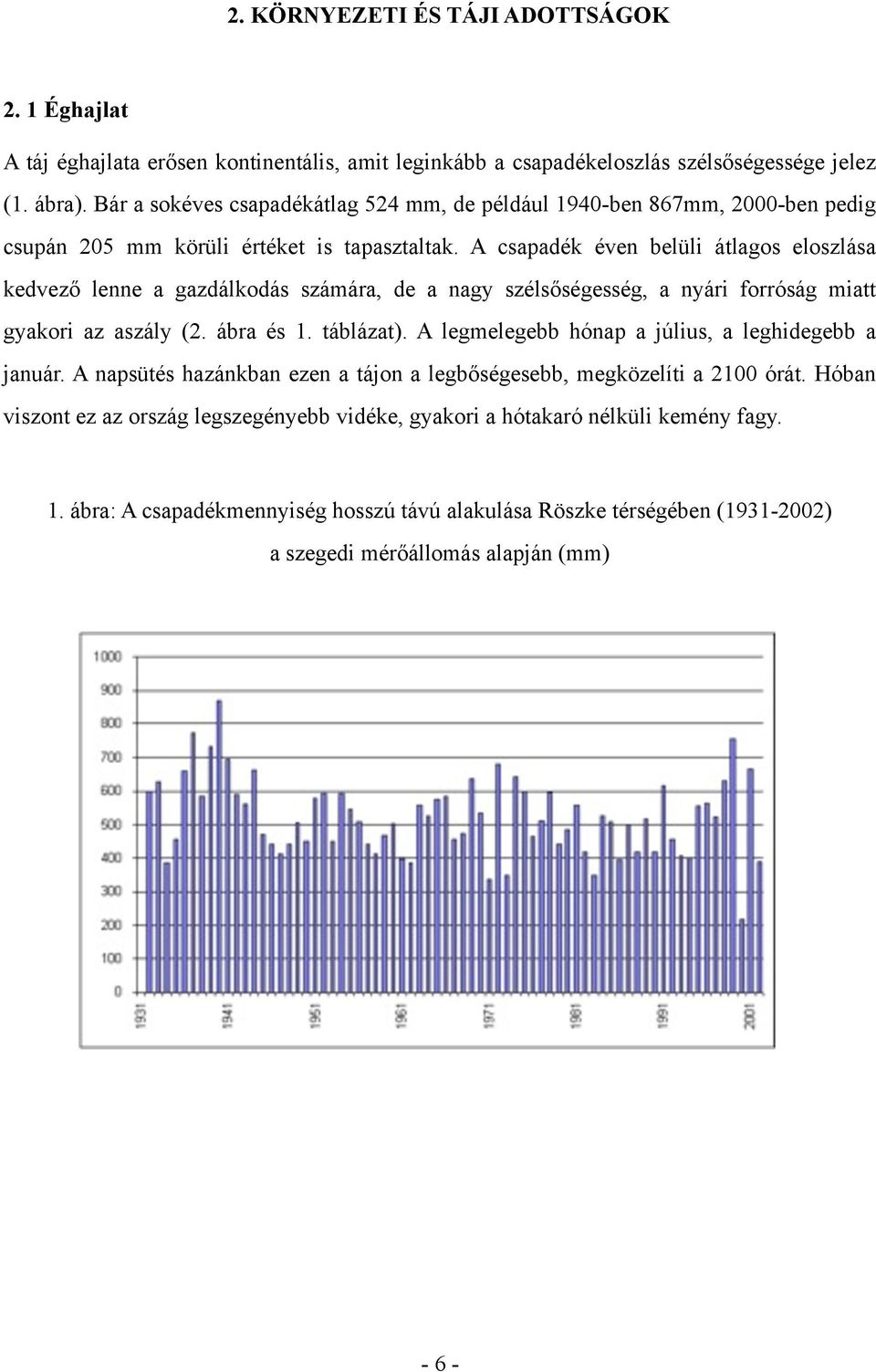 A csapadék éven belüli átlagos eloszlása kedvező lenne a gazdálkodás számára, de a nagy szélsőségesség, a nyári forróság miatt gyakori az aszály (2. ábra és 1. táblázat).