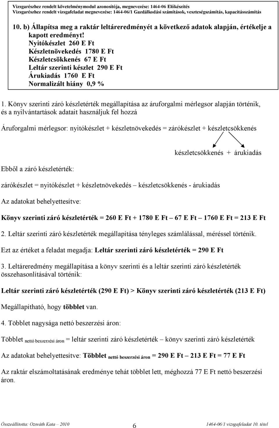 Nyitókészlet 260 E Ft Készletnövekedés 1780 E Ft Készletcsökkenés 67 E Ft Leltár szerinti készlet 290 E Ft Árukiadás 1760 E Ft Normalizált hiány 0,9 % 1.