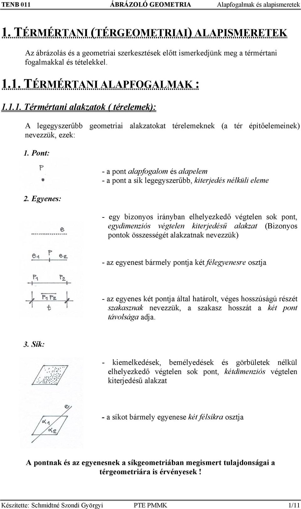 1. TÉRMÉRTANI ALAPFOGALMAK : 1.1.1. Térmértani alakzatok ( térelemek): A legegyszerűbb geometriai alakzatokat térelemeknek (a tér építőelemeinek) nevezzük, ezek: 1. Pont: 2.