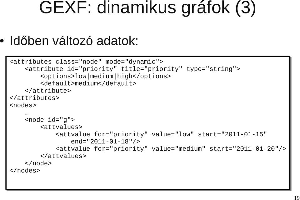 </attributes> </attributes> <nodes> <nodes> <node <node id="g"> id="g"> <attvalues> <attvalues> <attvalue <attvalue for="priority" for="priority" value="low" value="low" start="2011-01-15"