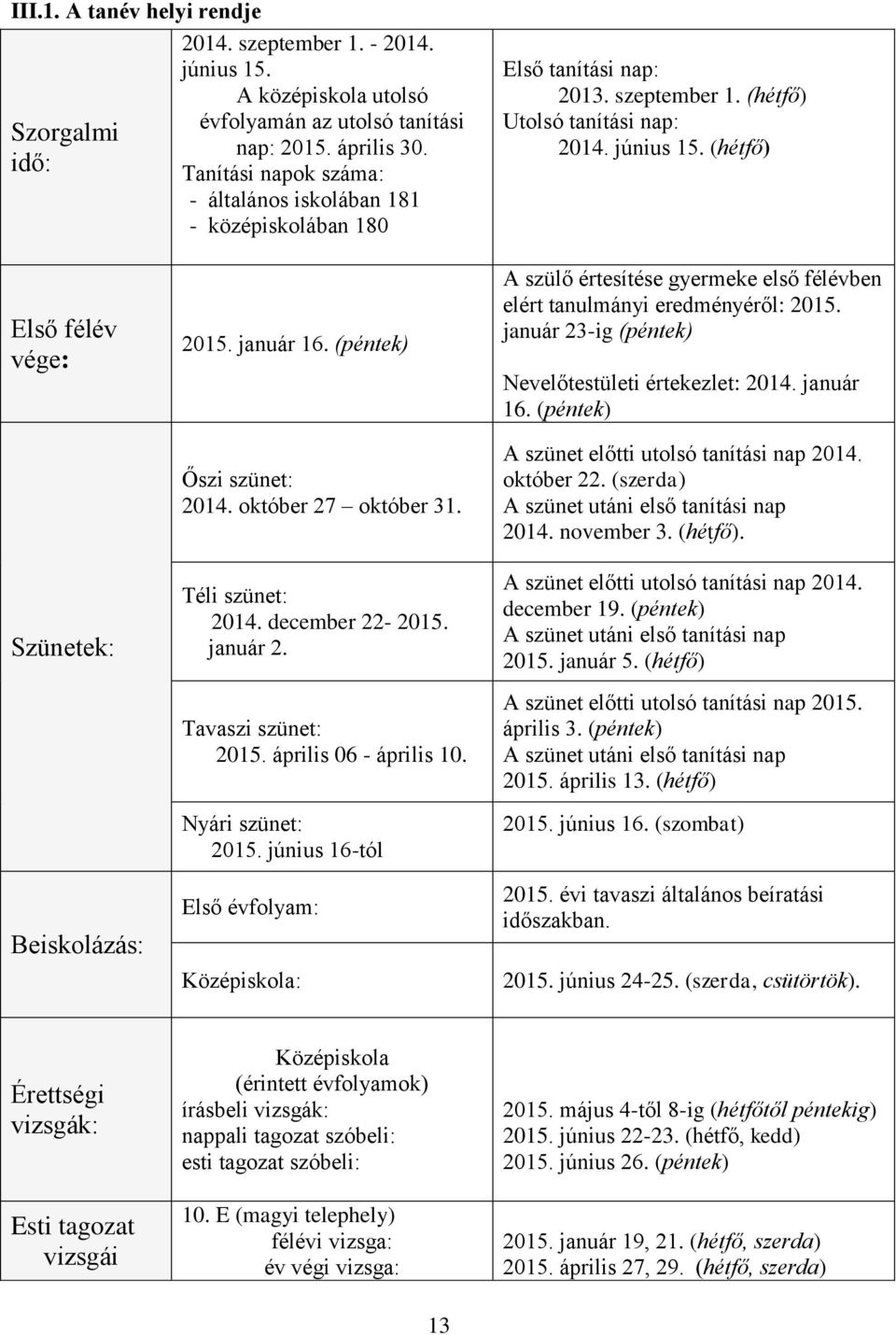 (hétfő) Első félév vége: Szünetek: Beiskolázás: 2015. január 16. (péntek) Őszi szünet: 2014. október 27 október 31. Téli szünet: 2014. december 22-2015. január 2. Tavaszi szünet: 2015.