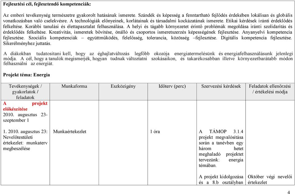 Etikai kérdések iránti érdeklődés felkeltése. Korábbi tanulási és élettapasztalat felhasználása. A helyi és tágabb környezetet érintő problémák megoldása iránti szolidaritás és érdeklődés felkeltése.