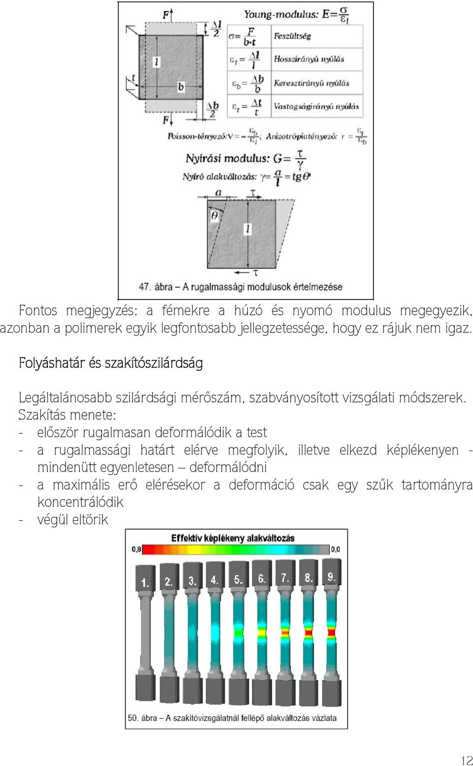 Szakítás menete: - először rugalmasan deformálódik a test - a rugalmassági határt elérve megfolyik, illetve elkezd képlékenyen -