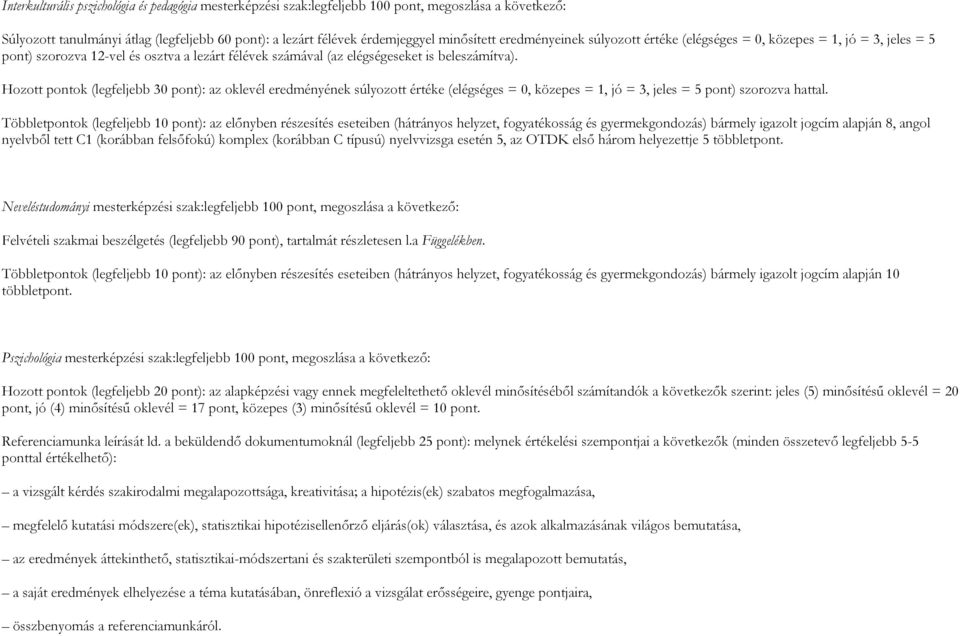 Hozott pontok (legfeljebb 30 pont): az oklevél eredményének súlyozott értéke (elégséges = 0, közepes = 1, jó = 3, jeles = 5 pont) szorozva hattal.