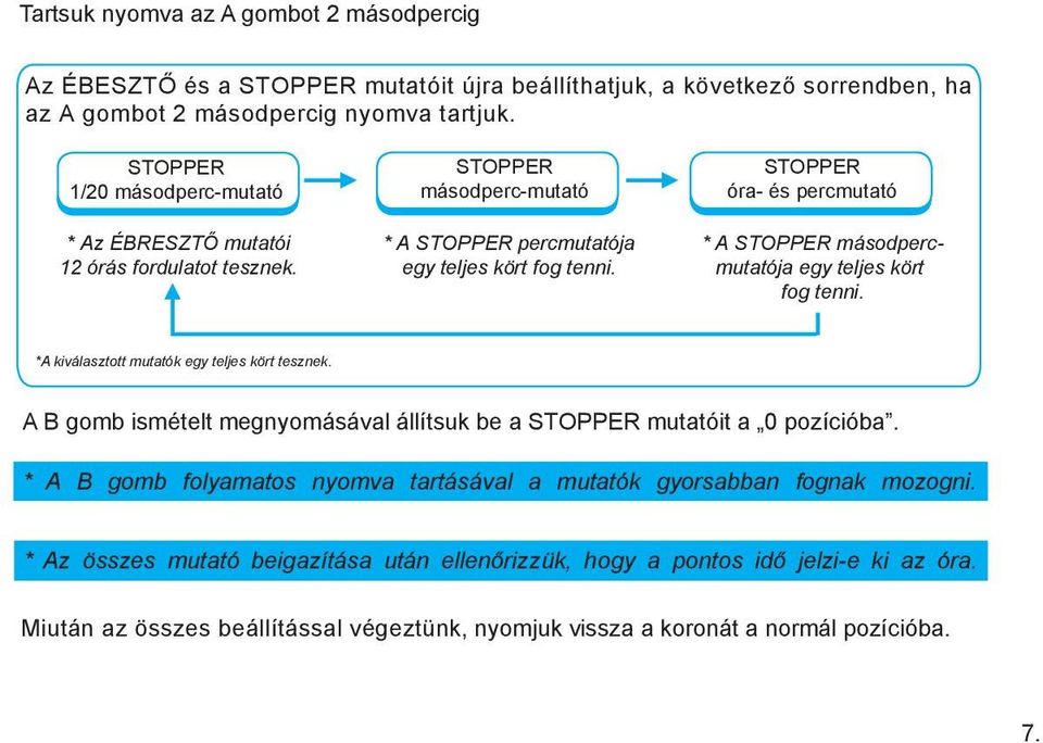 * A másodpercmutatója egy teljes kört fog tenni. *A kiválasztott mutatók egy teljes kört tesznek. A B gomb ismételt megnyomásával állítsuk be a mutatóit a 0 pozícióba.