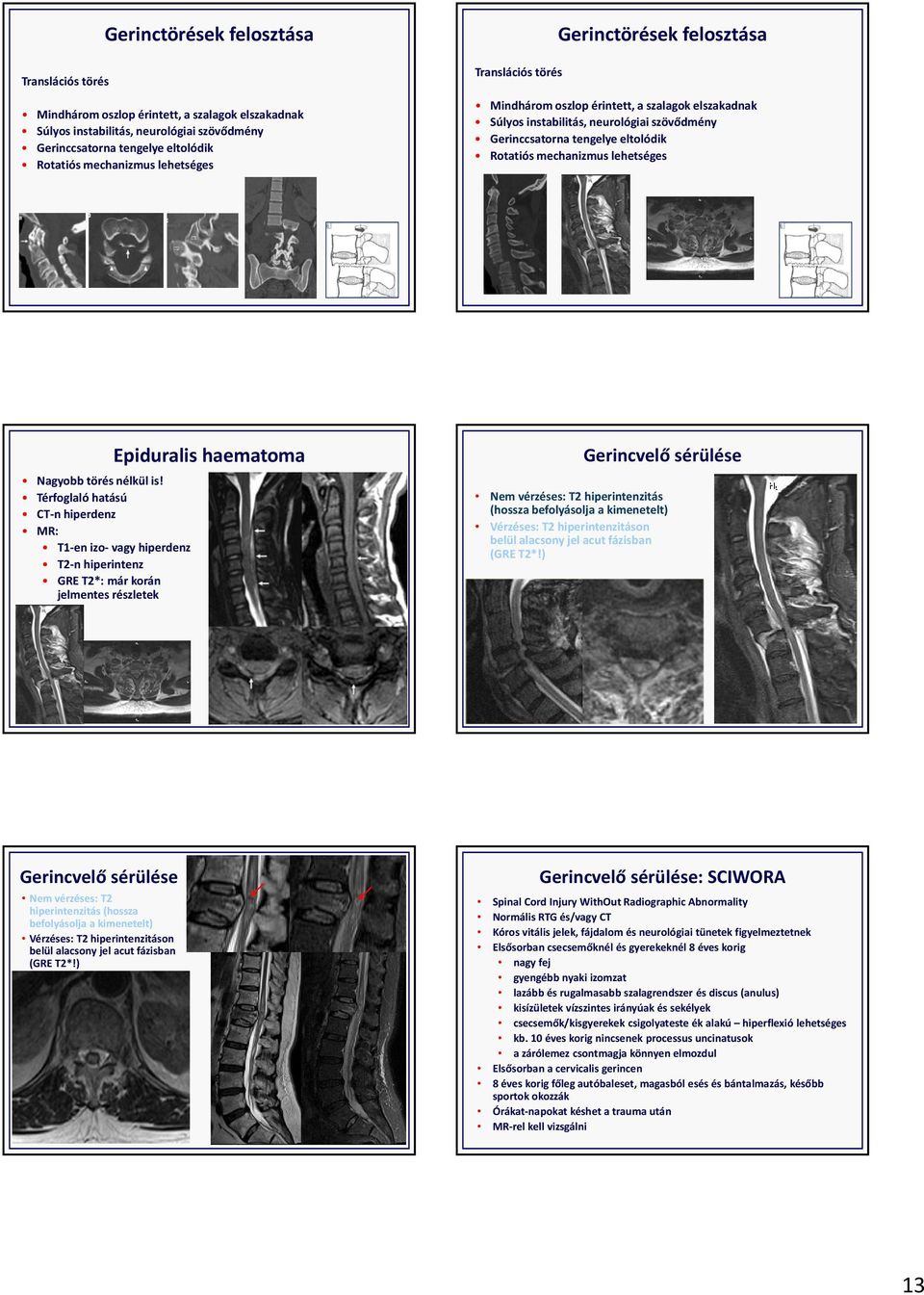 Térfoglaló hatású CT n hiperdenz MR: T1 en izo vagy hiperdenz T2 n hiperintenz GRE T2*: már korán jelmentes részletek Epiduralis haematoma Gerincvelő sérülése Nem vérzéses: T2 hiperintenzitás (hossza