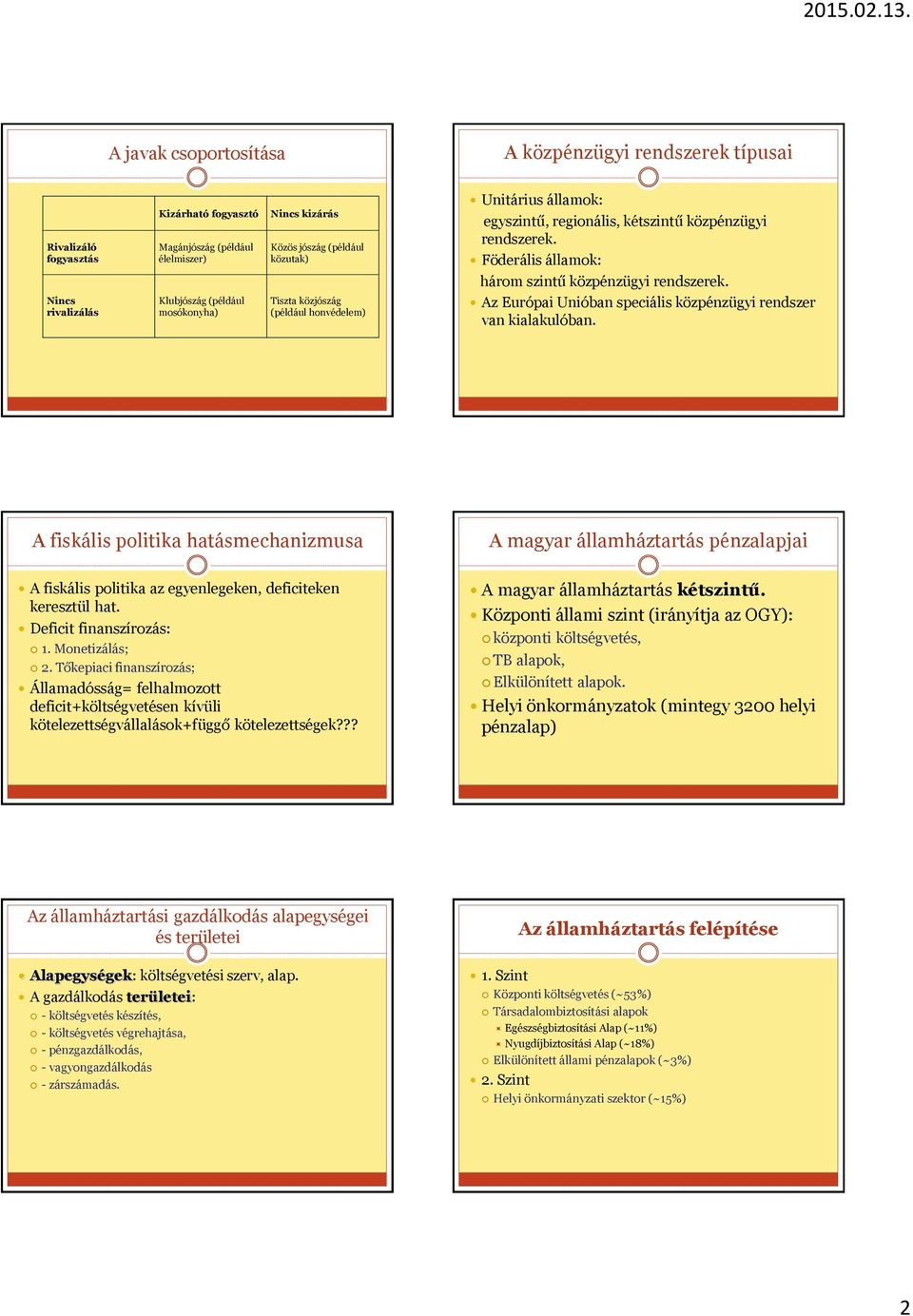 Nincs rivalizálás Klubjószág (például mosókonyha) Tiszta közjószág (például honvédelem) Az Európai Unióban speciális közpénzügyi rendszer van kialakulóban.