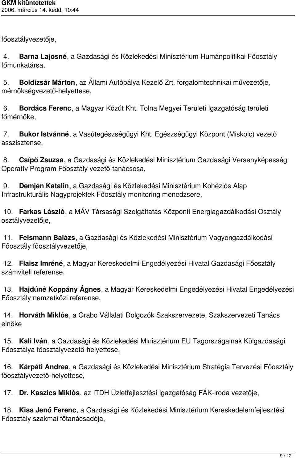 Egészségügyi Központ (Miskolc) vezető asszisztense, 8. Csípő Zsuzsa, a Gazdasági és Közlekedési Minisztérium Gazdasági Versenyképesség Operatív Program Főosztály vezető-tanácsosa, 9.