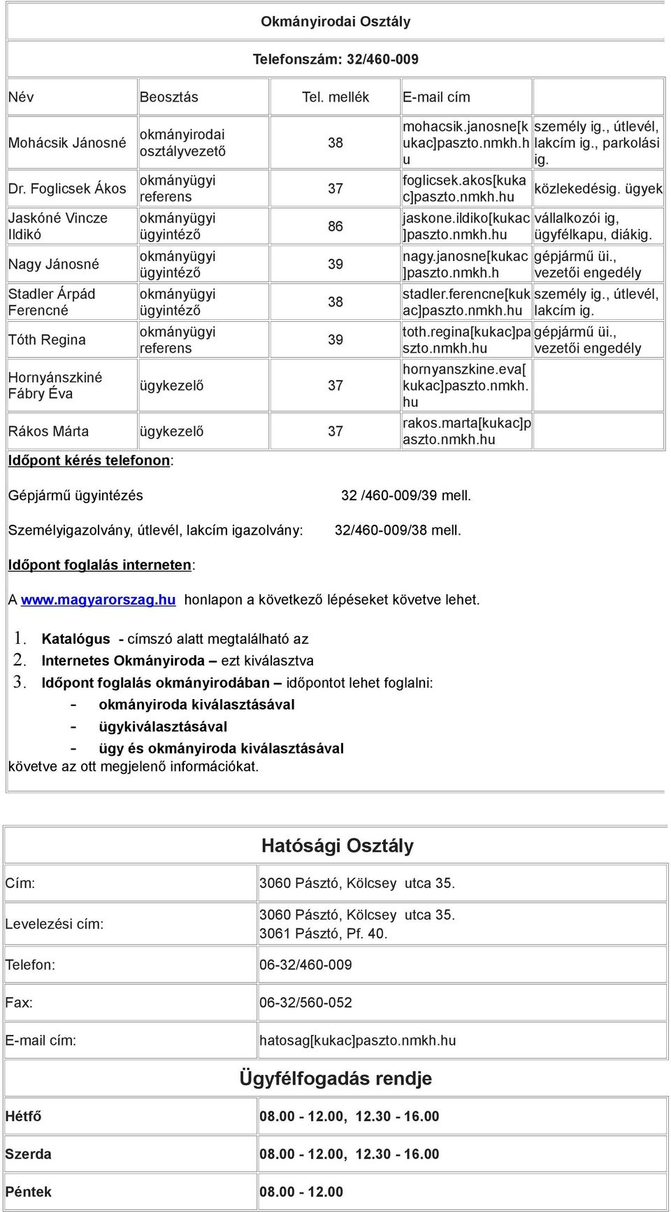 kérés telefonon: mohacsik.janosne[k személy ig., útlevél, ukac]paszto.nmkh.h lakcím ig., parkolási u ig. foglicsek.akos[kuka c]paszto.nmkh.hu jaskone.ildiko[kukac ]paszto.nmkh.hu nagy.