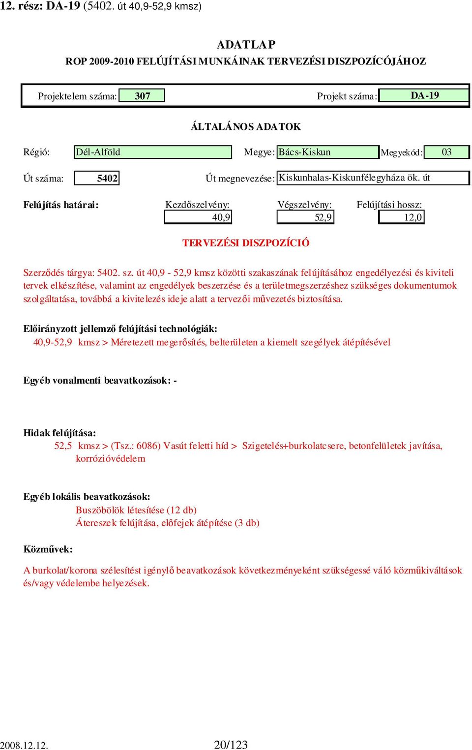 út 40,9-52,9 kmsz közötti szakaszának felújításához engedélyezési és kiviteli tervek elkészítése, valamint az engedélyek beszerzése és a területmegszerzéshez szükséges dokumentumok szolgáltatása,