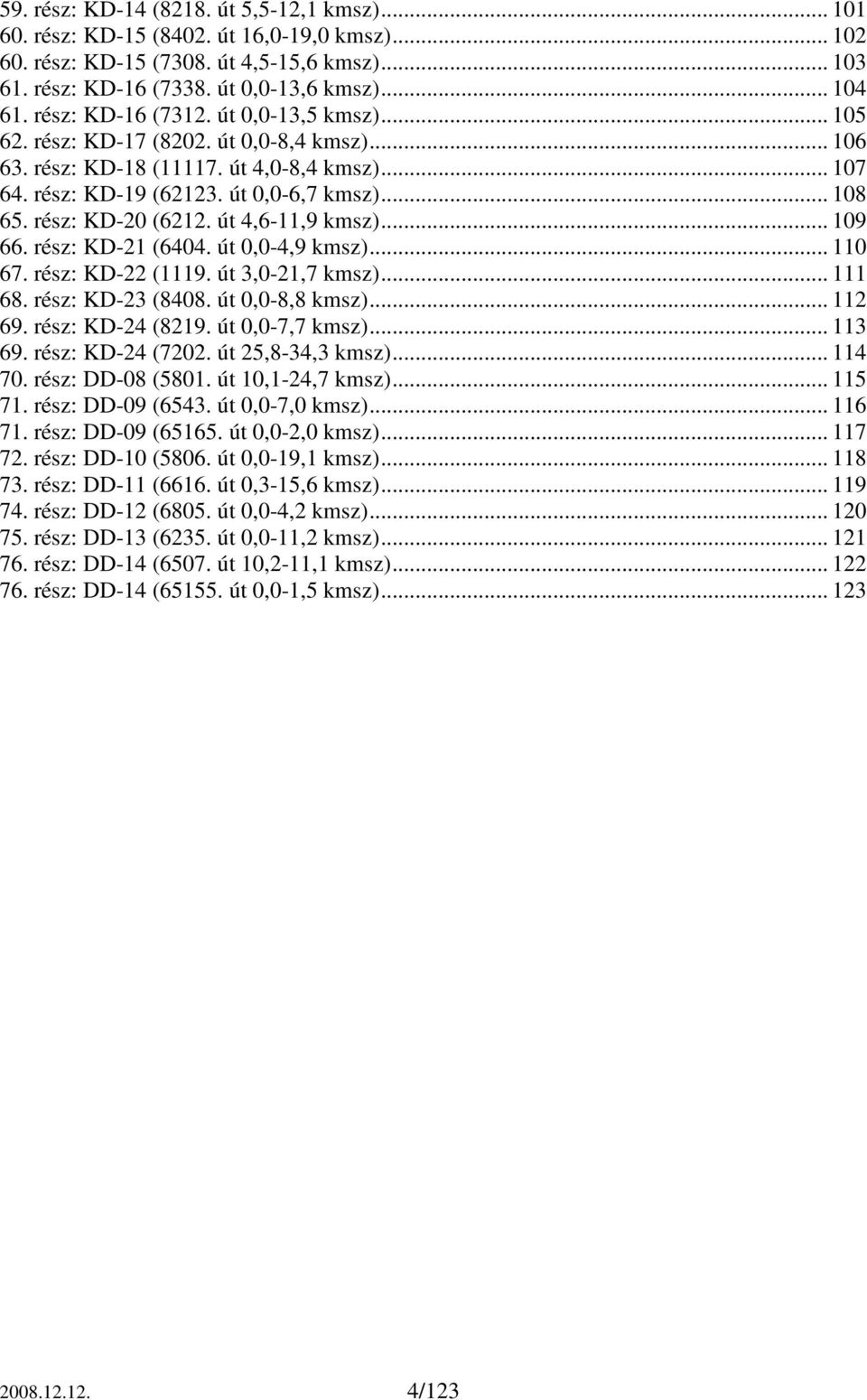 rész: KD-20 (6212. út 4,6-11,9 kmsz)... 109 66. rész: KD-21 (6404. út 0,0-4,9 kmsz)... 110 67. rész: KD-22 (1119. út 3,0-21,7 kmsz)... 111 68. rész: KD-23 (8408. út 0,0-8,8 kmsz)... 112 69.