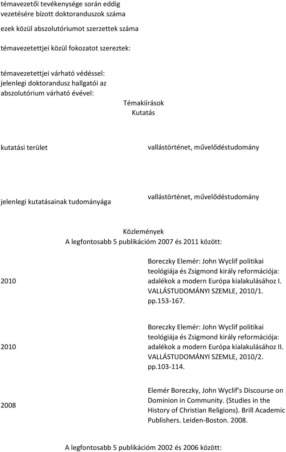Közlemények A legfntsabb 5 publikációm 2007 és 2011 között: 2010 Breczky Elemér: Jhn Wyclif plitikai telógiája és Zsigmnd király refrmációja: adalékk a mdern Európa kialakulásáhz I.