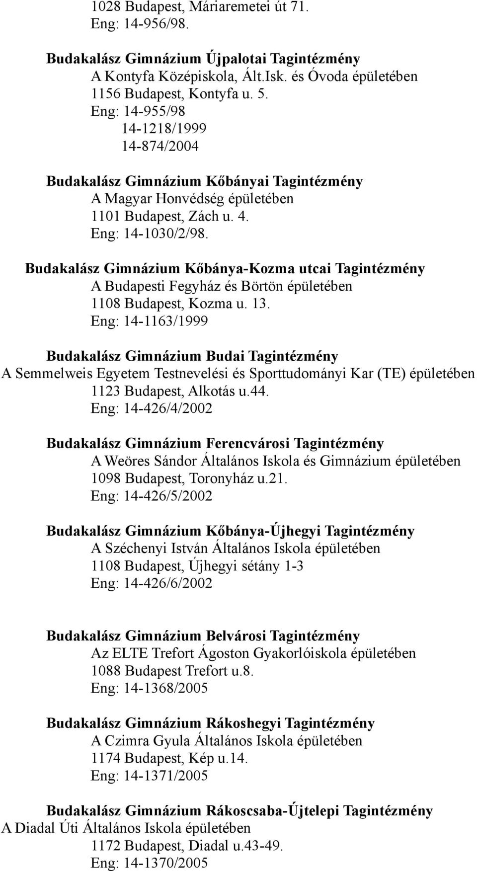 Budakalász Gimnázium Kőbánya-Kozma utcai Tagintézmény A Budapesti Fegyház és Börtön épületében 1108 Budapest, Kozma u. 13.