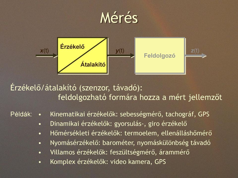 érzékelők: gyorsulás-, giro érzékelő Hőmérsékleti érzékelők: termoelem, ellenálláshőmérő Nyomásérzékelő: