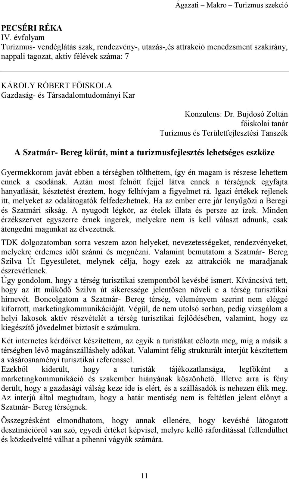 Bujdosó Zoltán főiskolai tanár Turizmus és Területfejlesztési Tanszék A Szatmár- Bereg körút, mint a turizmusfejlesztés lehetséges eszköze Gyermekkorom javát ebben a térségben tölthettem, így én