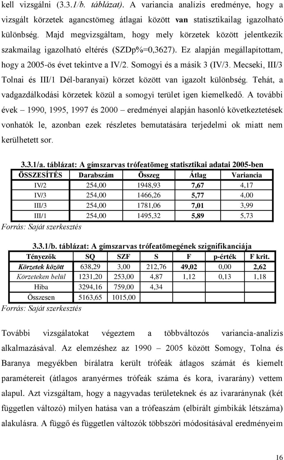 Mecseki, III/3 Tolnai és III/1 Dél-baranyai) körzet között van igazolt különbség. Tehát, a vadgazdálkodási körzetek közül a somogyi terület igen kiemelkedő.