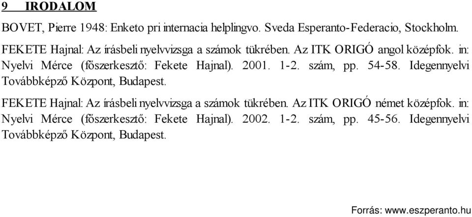 2001. 1-2. szám, pp. 54-58. Idegennyelvi Továbbképző Központ, Budapest. FEKETE Hajnal: Az írásbeli nyelvvizsga a számok tükrében.