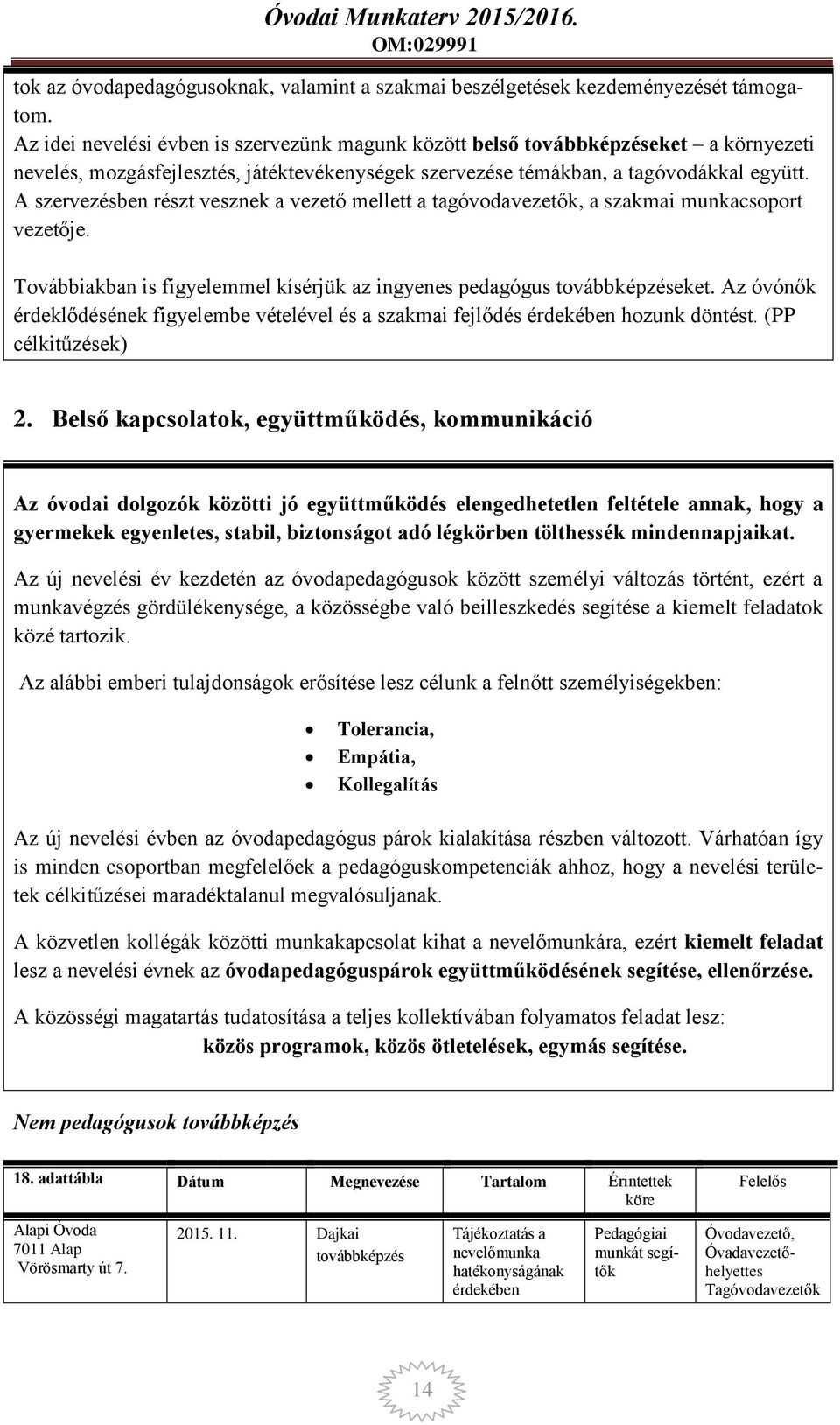 A szervezésben részt vesznek a vezető mellett a tagóvodavezetők, a szakmai munkacsoport vezetője. Továbbiakban is figyelemmel kísérjük az ingyenes pedagógus továbbképzéseket.