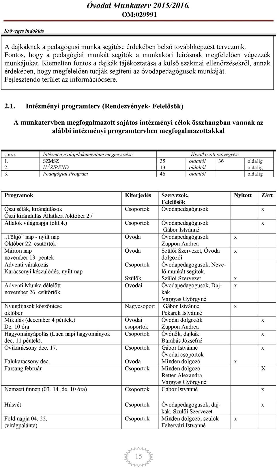 Intézményi programterv (Rendezvények- Felelősök) A munkatervben megfogalmazott sajátos intézményi célok összhangban vannak az alábbi intézményi programtervben 1. SZMSZ 35 oldaltól 36 oldalig 2.