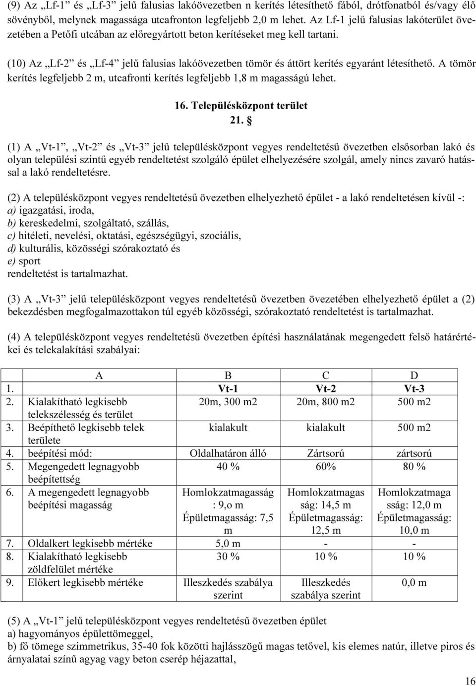 (10) Az Lf2 és Lf4 jelű falusias lakóövezetben tömör és áttört kerítés egyaránt létesíthető. A tömör kerítés legfeljebb 2 m, utcafronti kerítés legfeljebb 1,8 m magasságú lehet. 16.