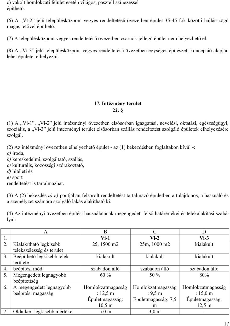 (8) A Vt3 jelű településközpont vegyes rendeltetésű övezetben egységes építészeti koncepció alapján lehet épületet elhelyezni. 17. Intézmény terület 22.