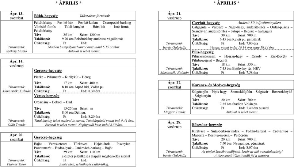 20 óra Felsőtárkány autóbusz végállomás Stadion buszpályaudvarról busz indul 6.15 órakor. Gerecse-hegység Piszke Pilismarót Királykút Héreg Táv: 17 km Szint: 400 m Találkozó: 8.
