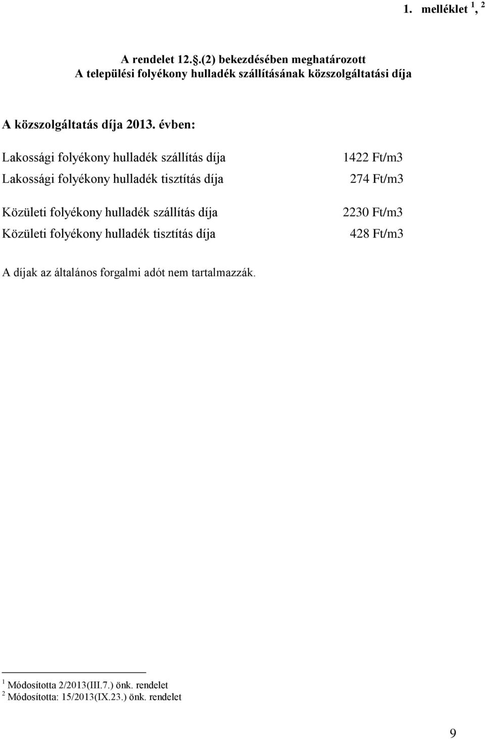 évben: Lakossági folyékony hulladék szállítás díja Lakossági folyékony hulladék tisztítás díja Közületi folyékony hulladék