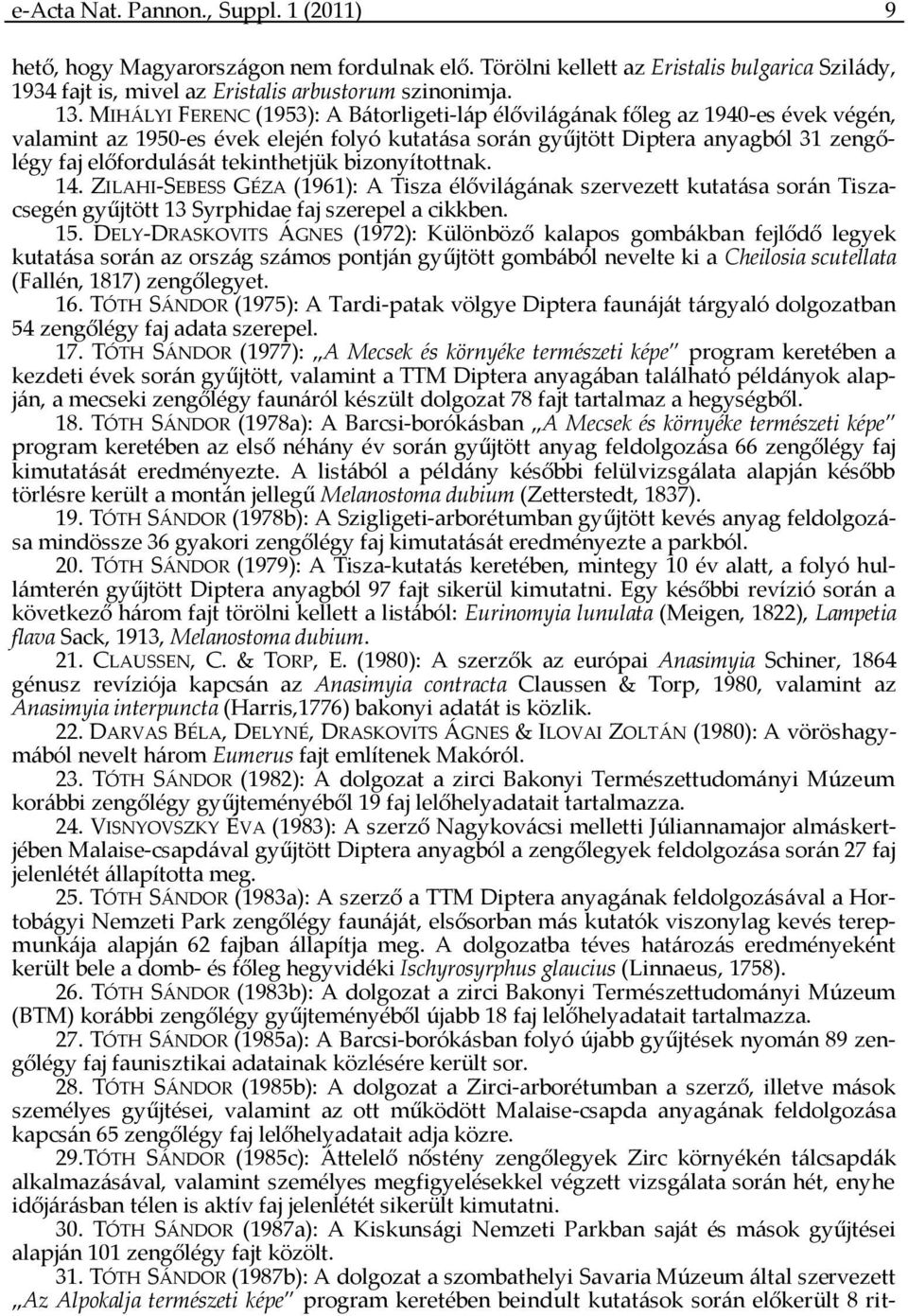 tekinthetjük bizonyítottnak. 14. ZILAHI-SEBESS GÉZA (1961): A Tisza élővilágának szervezett kutatása során Tiszacsegén gyűjtött 13 Syrphidae faj szerepel a cikkben. 15.