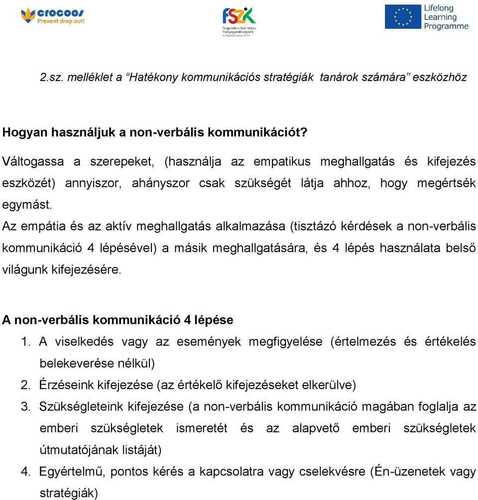 Az empátia és az aktív meghallgatás alkalmazása (tisztázó kérdések a non-verbális kommunikáció 4 lépésével) a másik meghallgatására, és 4 lépés használata belső világunk kifejezésére.