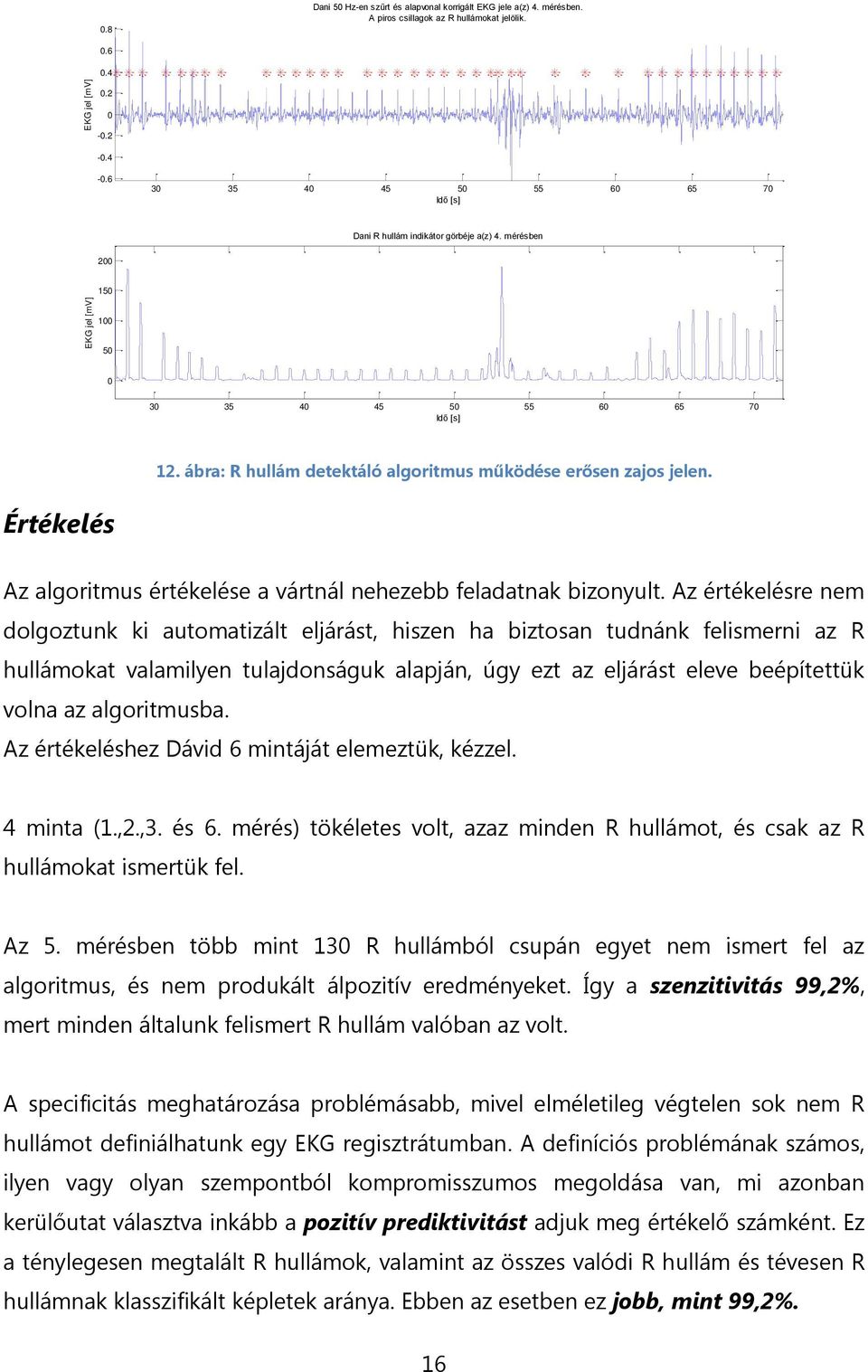 Az értékelésre nem dolgoztunk ki automatizált eljárást, hiszen ha biztosan tudnánk felismerni az R hullámokat valamilyen tulajdonságuk alapján, úgy ezt az eljárást eleve beépítettük volna az