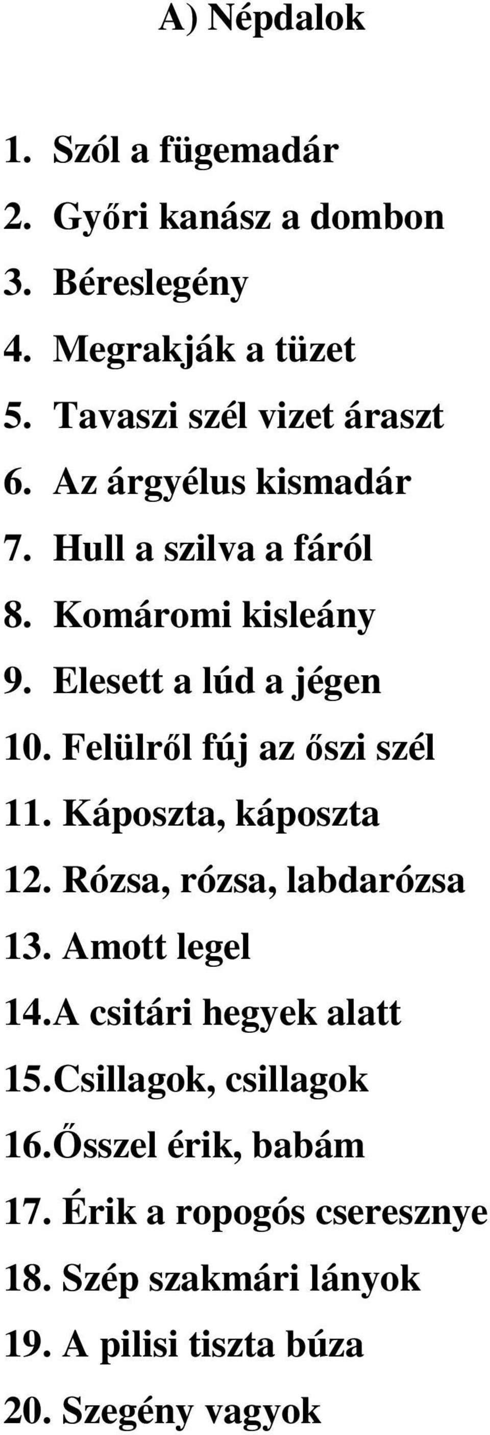 Elesett a lúd a jégen 10. Felülről fúj az őszi szél 11. Káposzta, káposzta 12. Rózsa, rózsa, labdarózsa 13.