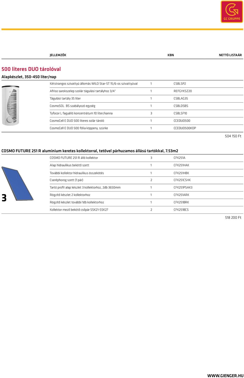 E DUO 500 fólia köppeny, szürke 1 CCEDUO500KOP 504 150 Ft COSMO FUTURE 251 R aluminium keretes kollektorral, tetővel párhuzamos állású tartókkal, 7.