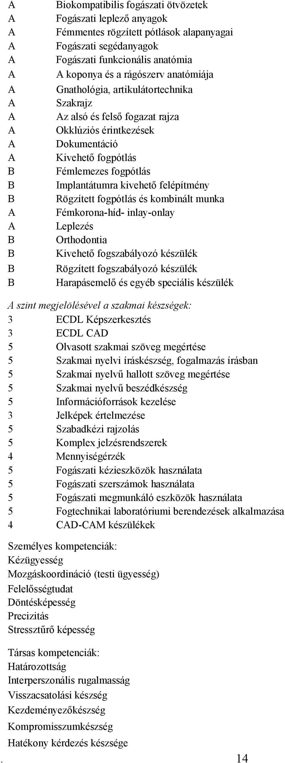 Rögzített fogpótlás és kombinált munka Fémkorona-híd- inlay-onlay Leplezés Orthodontia Kivehető fogszabályozó készülék Rögzített fogszabályozó készülék Harapásemelő és egyéb speciális készülék szint