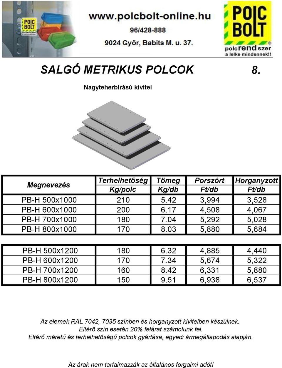 Terhelhetőség Tömeg Porszórt Horganyzott Kg/polc Kg/db Ft/db Ft/db 210 5.42 3,994 3,528 200 6.17 4,508 4,067 180 7.04 5,292 5,028 170 8.