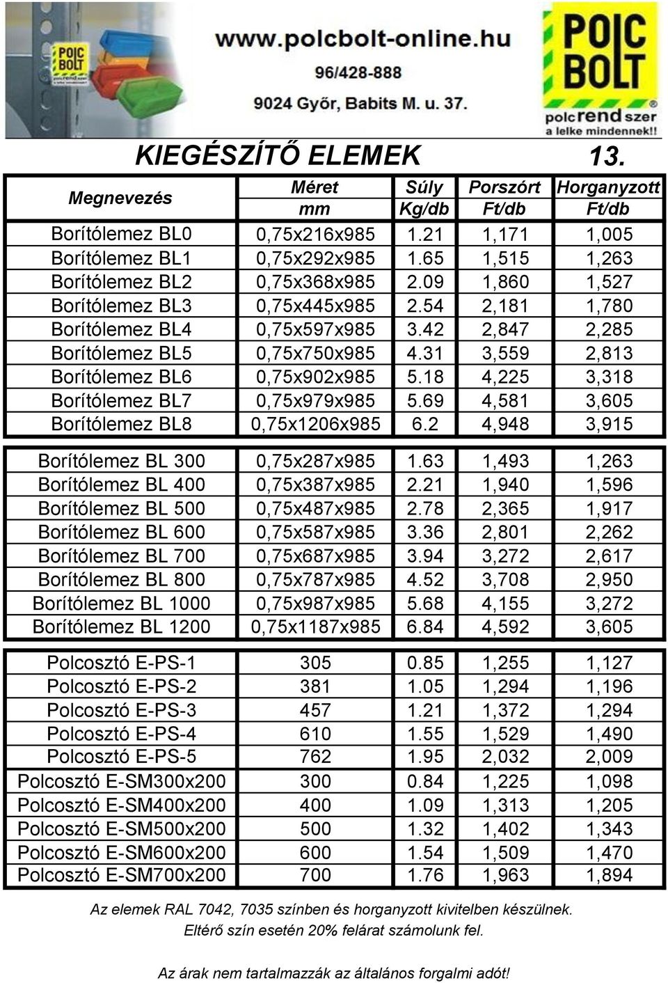 18 4,225 3,318 Borítólemez BL7 0,75x979x985 5.69 4,581 3,605 Borítólemez BL8 0,75x1206x985 6.2 4,948 3,915 Borítólemez BL 300 0,75x287x985 1.63 1,493 1,263 Borítólemez BL 400 0,75x387x985 2.