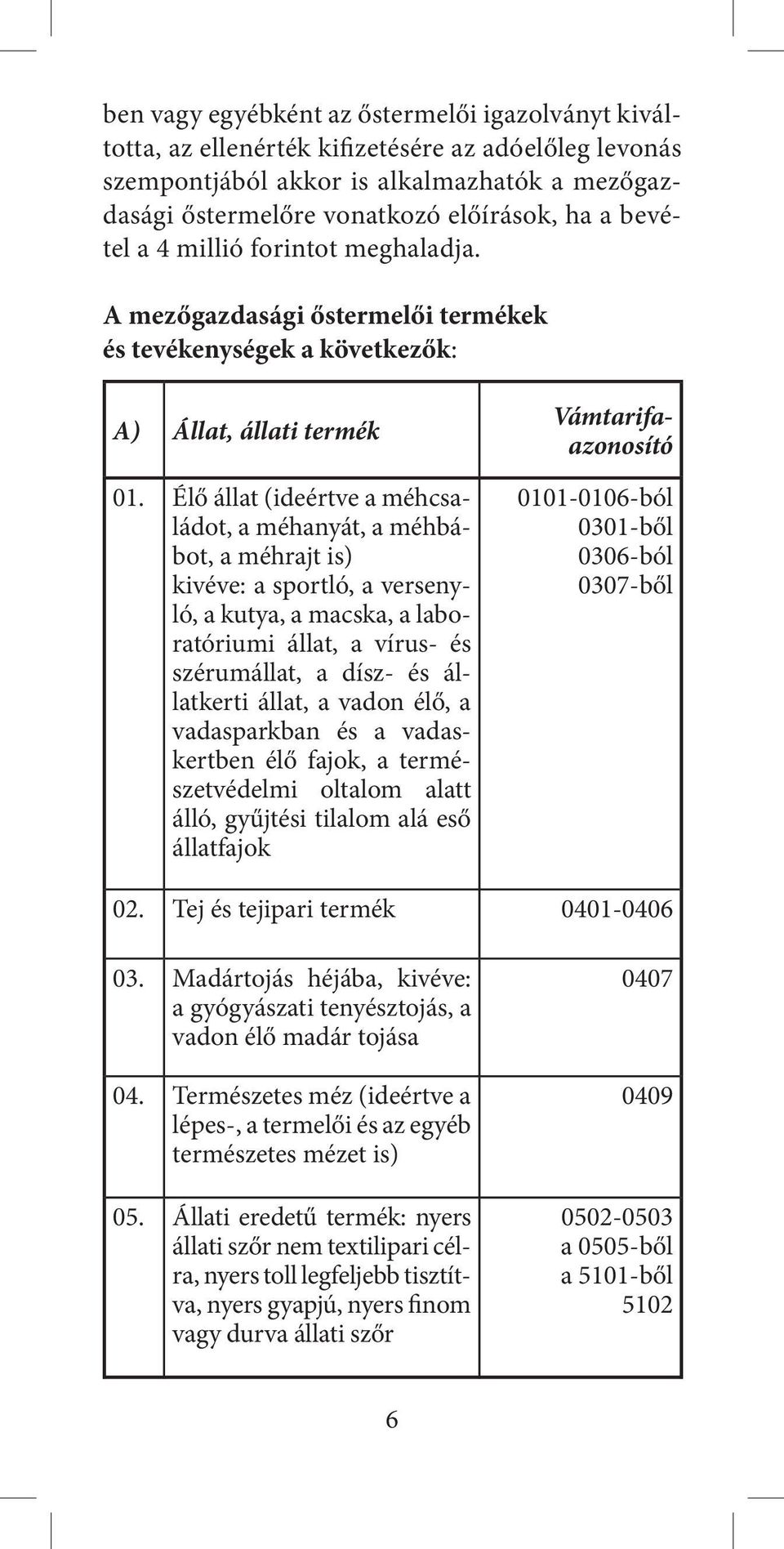 Élő állat (ideértve a méhcsaládot, a méhanyát, a méhbábot, a méhrajt is) kivéve: a sportló, a versenyló, a kutya, a macska, a laboratóriumi állat, a vírus- és szérumállat, a dísz- és állatkerti