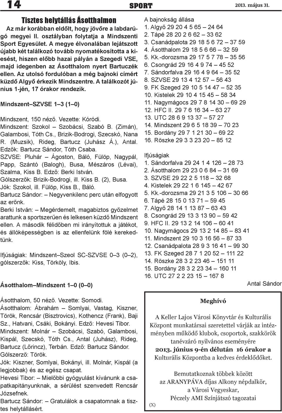 Az utolsó fordulóban a még bajnoki címért küzdő Algyő érkezik Mindszentre. A találkozót június 1-jén, 17 órakor rendezik. Mindszent SZVSE 1 3 (1 0) Mindszent, 150 néző. Vezette: Kóródi.