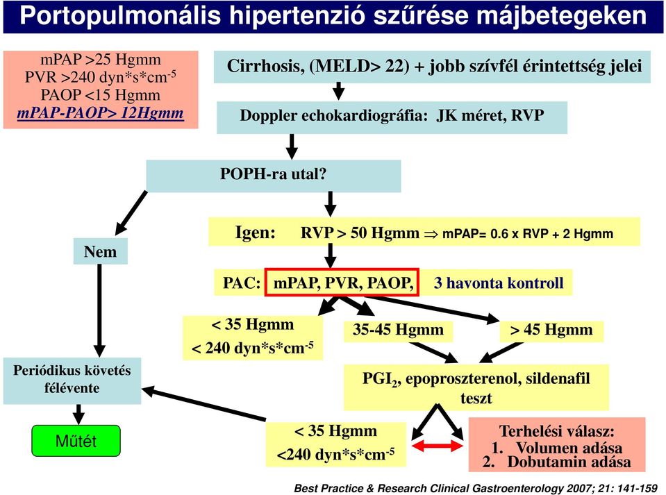 6 x RVP + 2 Hgmm PAC: mpap, PVR, PAOP, 3 havonta kontroll Periódikus követés félévente < 35 Hgmm 3545 Hgmm > 45 Hgmm < 240 dyn*s*cm 5 PGI 2,