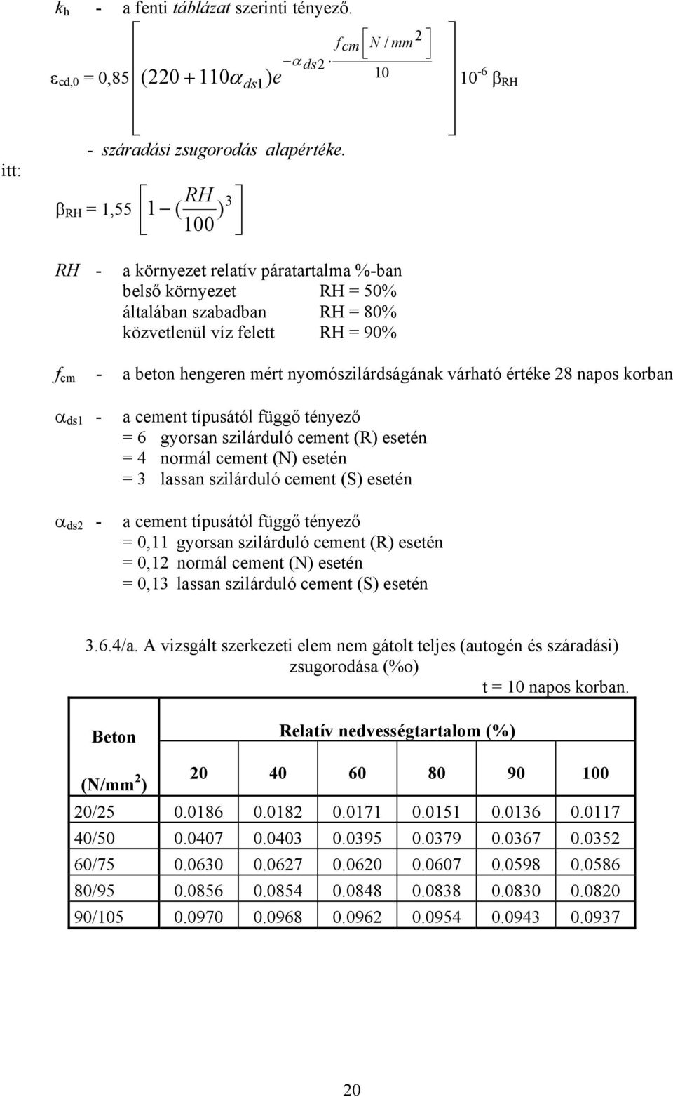 nyomószilárdságának várható értéke 28 napos korban α ds1 - α ds2 - a cement típusától függő tényező = 6 gyorsan szilárduló cement (R) esetén = 4 normál cement (N) esetén = 3 lassan szilárduló cement