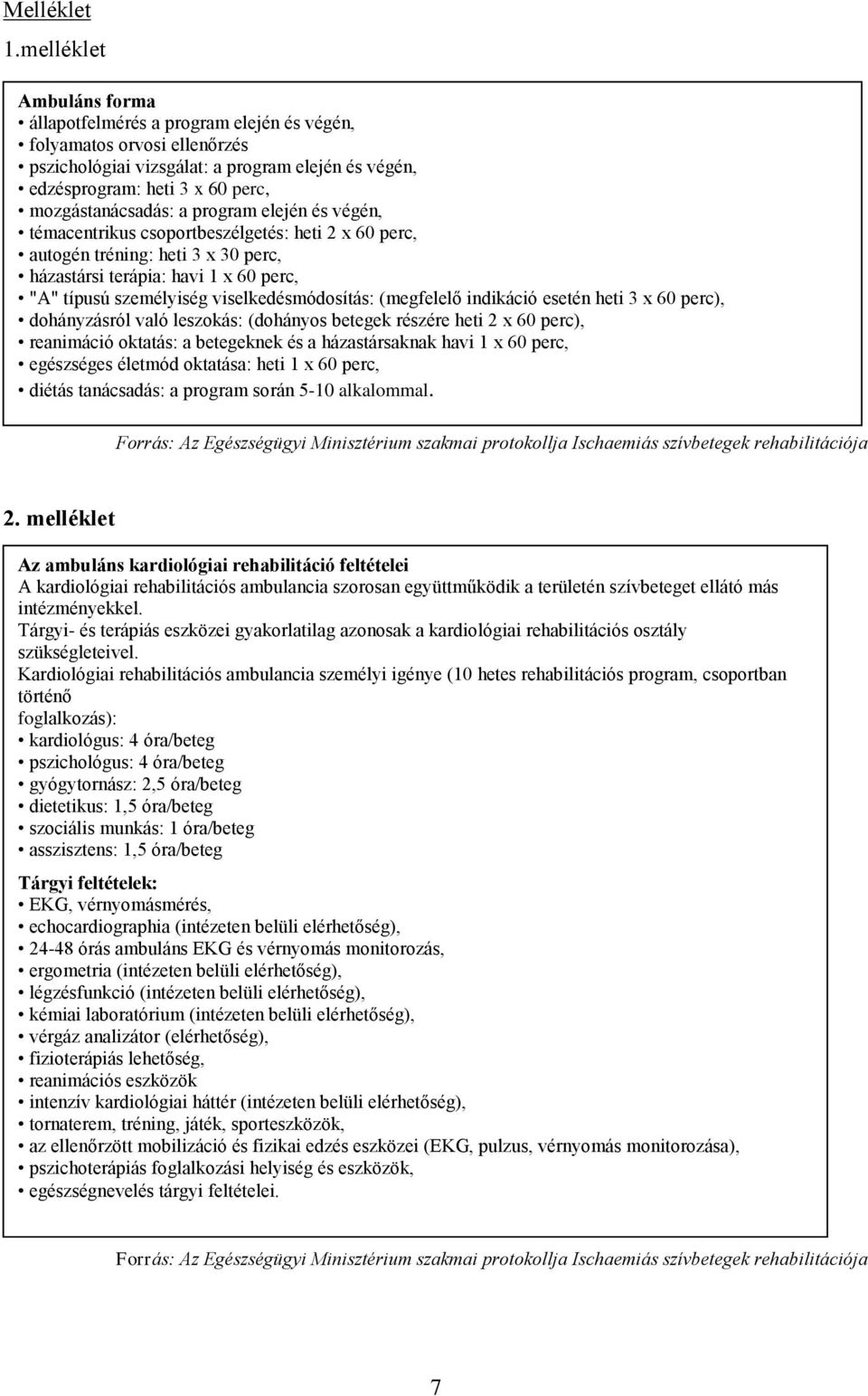 a program elején és végén, témacentrikus csoportbeszélgetés: heti 2 x 60 perc, autogén tréning: heti 3 x 30 perc, házastársi terápia: havi 1 x 60 perc, "A" típusú személyiség viselkedésmódosítás: