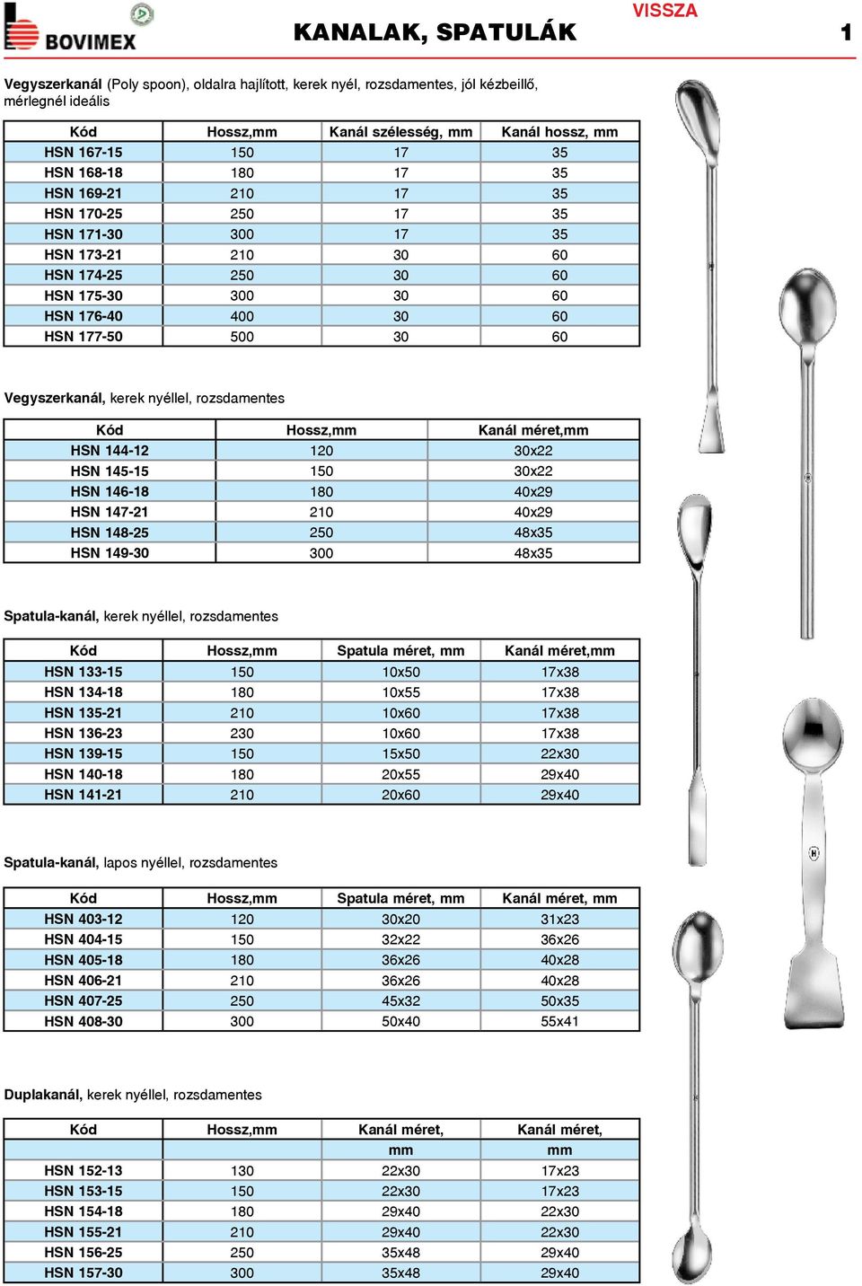 Vegyszerkanál, kerek nyéllel, rozsdamentes Hossz,mm Kanál méret,mm HSN 144-12 120 30x22 HSN 145-15 150 30x22 HSN 146-18 180 40x29 HSN 147-21 210 40x29 HSN 148-25 250 48x35 HSN 149-30 300 48x35